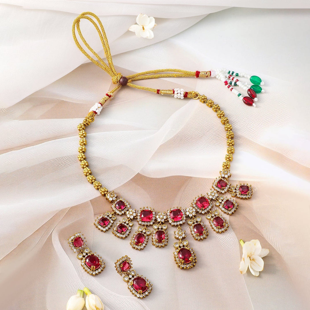 Rubans 22K Gold-Plated Ruby Red Stone & Sparkling Cubic Zirconia Studded Necklace Set Jewellery Set