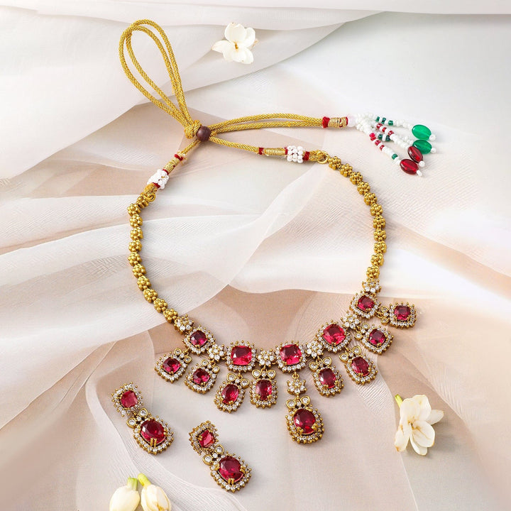 Rubans 22K Gold-Plated Ruby Red Stone & Sparkling Cubic Zirconia Studded Necklace Set Jewellery Set