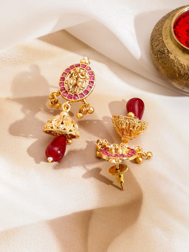 Rubans 22K Gold-Plated Ruby Red Stone Studded Divine Goddess Motif Temple Necklace Set with Beads Accents Jewellery Set