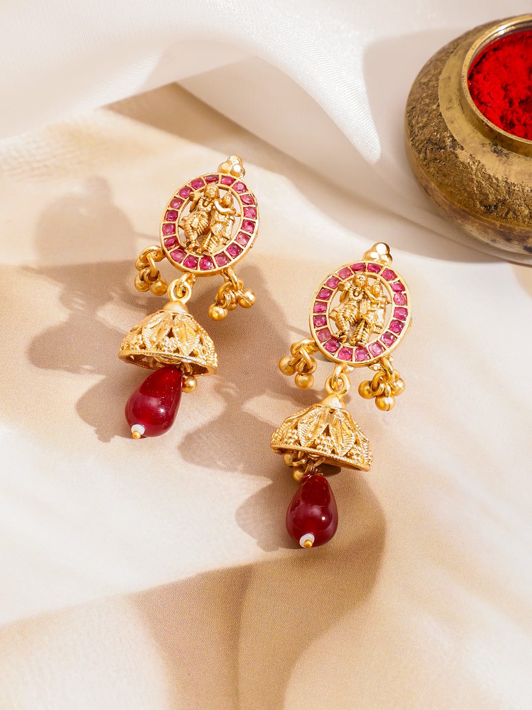 Rubans 22K Gold-Plated Ruby Red Stone Studded Divine Goddess Motif Temple Necklace Set with Beads Accents Jewellery Set