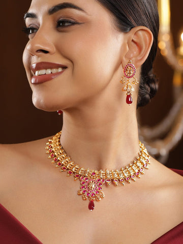 Rubans 22K Gold-Plated Ruby Red Stone Studded Divine Goddess Motif Temple Necklace Set with Beads Accents Necklace Set