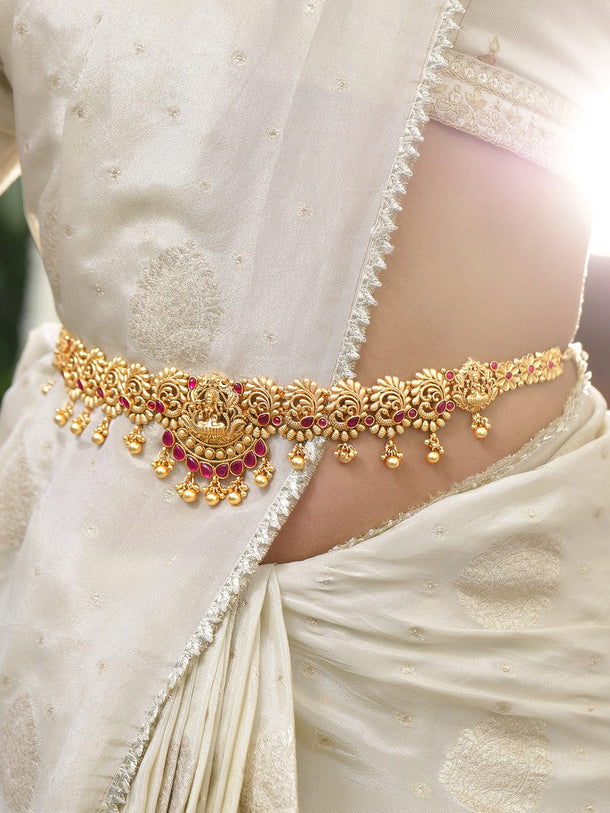Rubans 22K Gold-Plated Ruby Red Stone Studded Divine Lakshmi Motif Temple Waist Chain Kamarbandh with Pearl Drops Saree Accessories