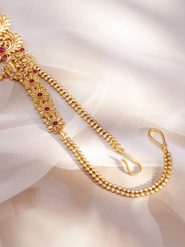 Rubans 22K Gold-Plated Ruby Red Stone Studded Divine Lakshmi Motif Temple Waist Chain Kamarbandh with Pearl Drops Saree Accessories