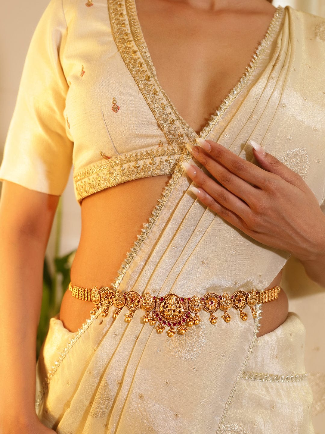 Rubans 22K Gold-Plated Ruby Red Stone Studded Goddess Lakshmi Temple Design Kamarbandh Saree Accessories