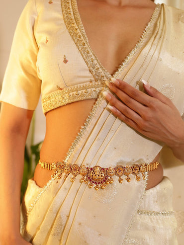 Rubans 22K Gold-Plated Ruby Red Stone Studded Goddess Lakshmi Temple Design Kamarbandh Saree Accessories