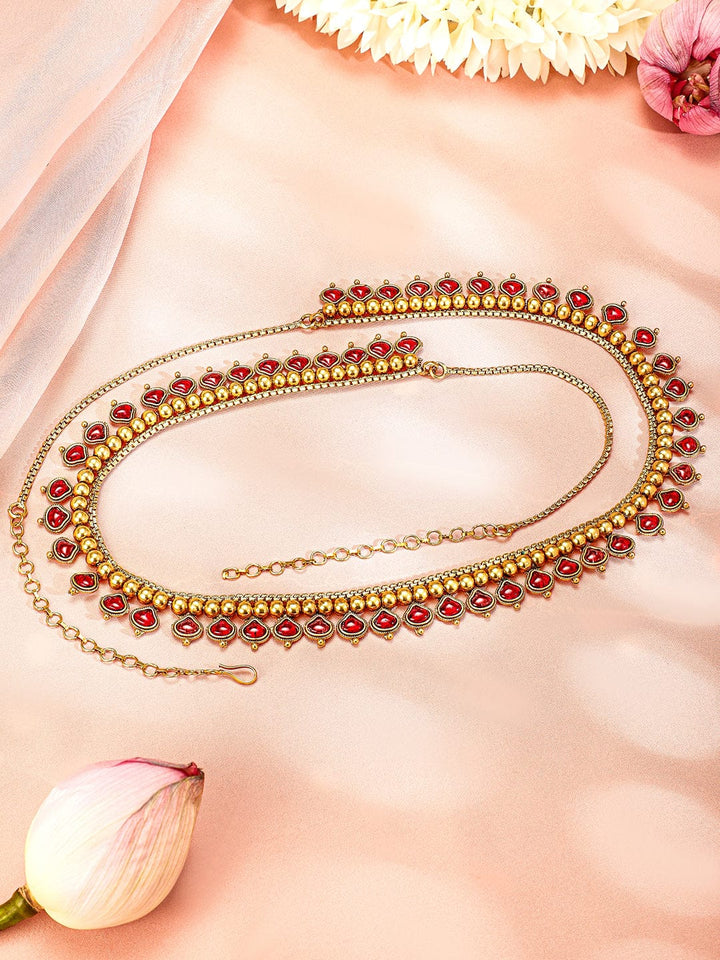 Rubans 22K Gold-Plated Ruby Red Stone Studded Handcrafted Traditional Kamarbandh Saree Accessories