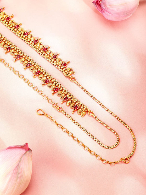 Rubans 22K Gold-Plated Ruby Red Stone Studded Handcrafted Traditional Kamarbandh Saree Accessories