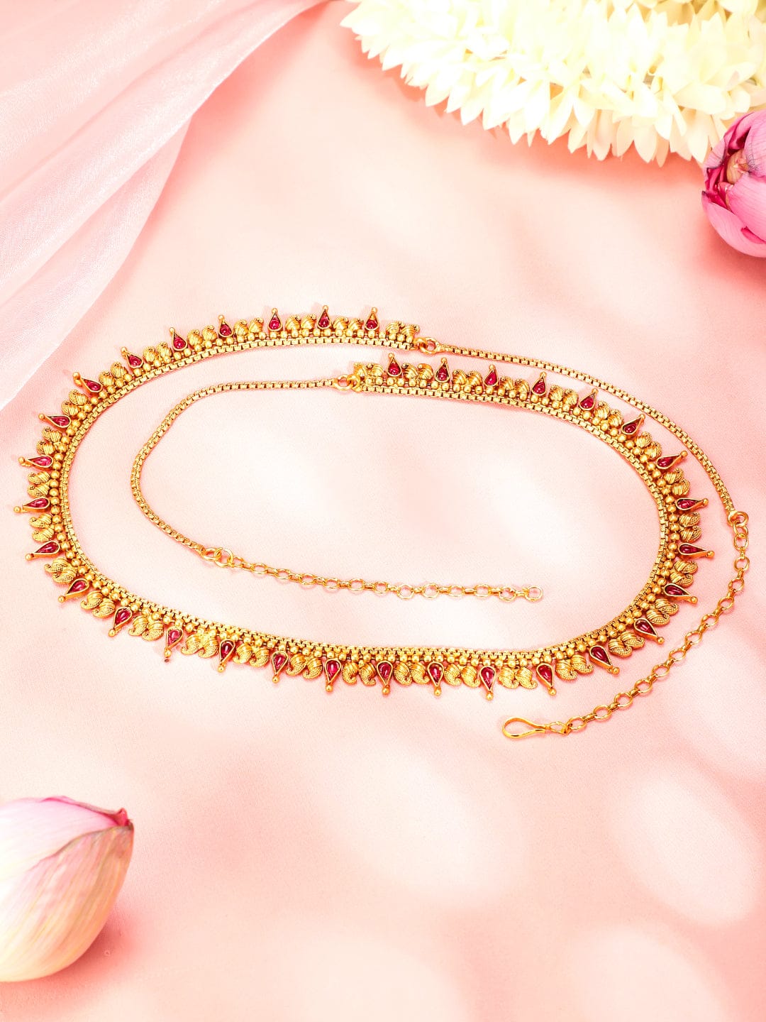 Rubans 22K Gold-Plated Ruby Red Stone Studded Handcrafted Traditional Kamarbandh Saree Accessories