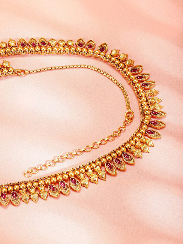 Rubans 22K Gold-Plated Ruby Red Stone Studded Handcrafted Traditional Kamarbandh Saree Accessories