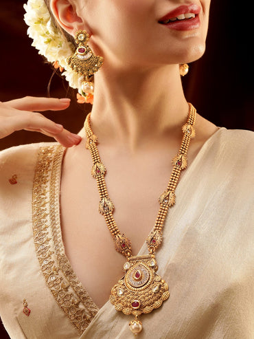 Rubans 22K Gold-Plated Ruby Red Stone Studded Traditional Temple Long Necklace Set for Women Necklaces, Necklace Sets, Chains & Mangalsutra