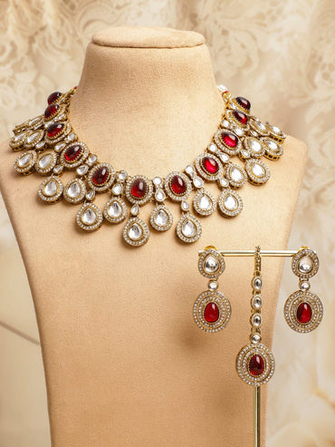 Rubans 22K Gold-Plated Ruby Red Stone, White Kundan & Cubic Zirconia Embellished Luxe Statement Necklace Set Jewellery Set