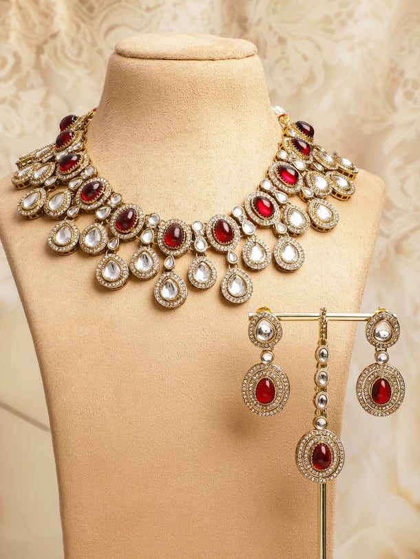 Rubans 22K Gold-Plated Ruby Red Stone, White Kundan & Cubic Zirconia Embellished Luxe Statement Necklace Set Jewellery Set