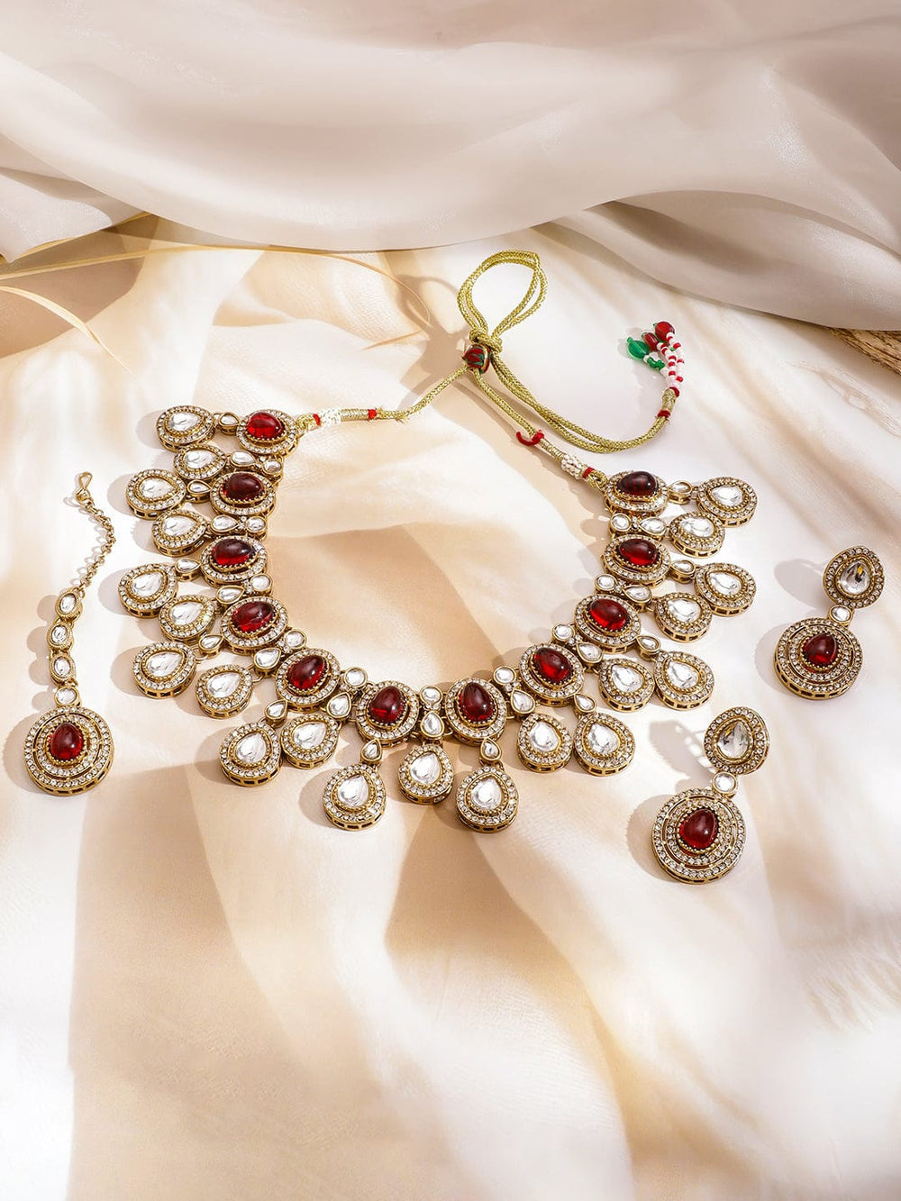 Rubans 22K Gold-Plated Ruby Red Stone, White Kundan & Cubic Zirconia Embellished Luxe Statement Necklace Set Jewellery Set