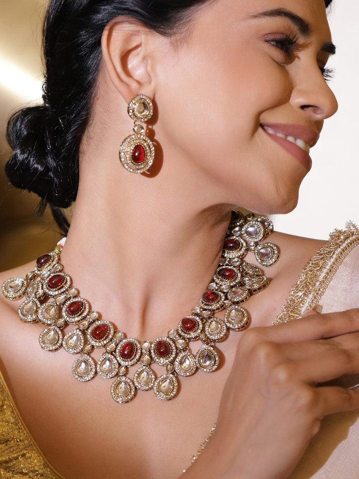 Rubans 22K Gold-Plated Ruby Red Stone, White Kundan & Cubic Zirconia Embellished Luxe Statement Necklace Set Necklace Sets