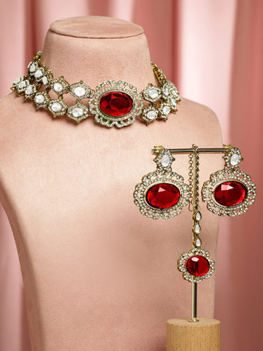 Rubans 22K Gold-Plated Ruby Red Stone, White Kundan & Cubic Zirconia Statement Choker Set Jewellery Set