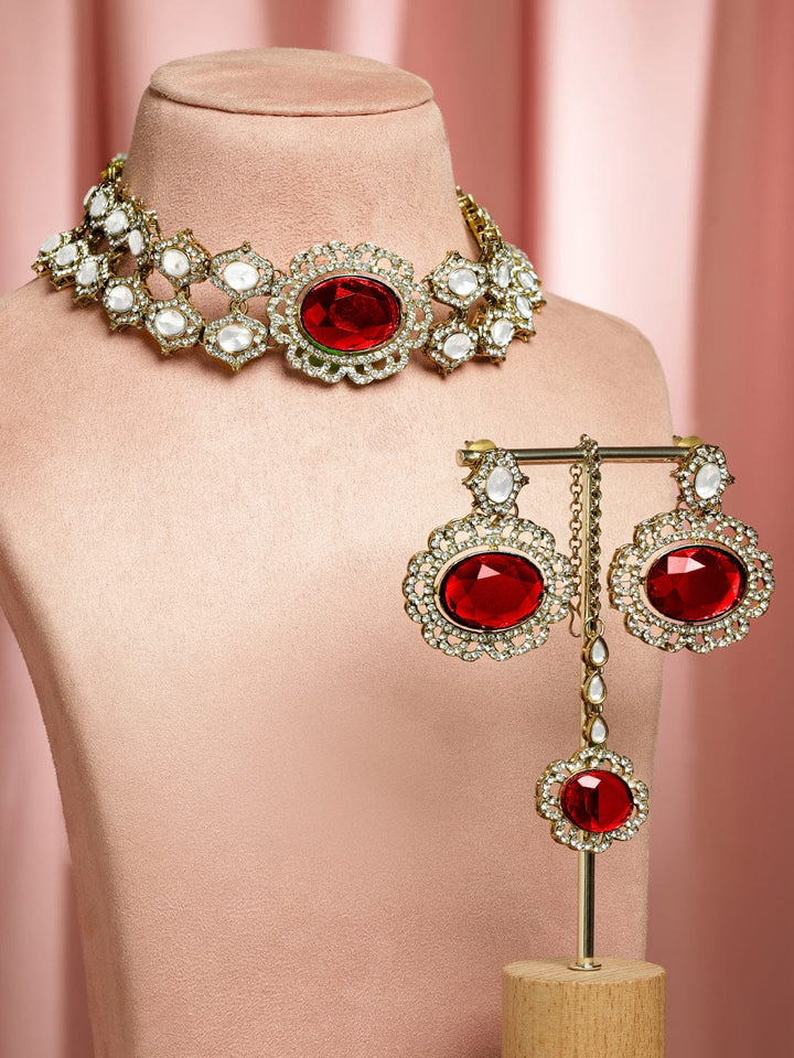 Rubans 22K Gold-Plated Ruby Red Stone, White Kundan & Cubic Zirconia Statement Choker Set Jewellery Set