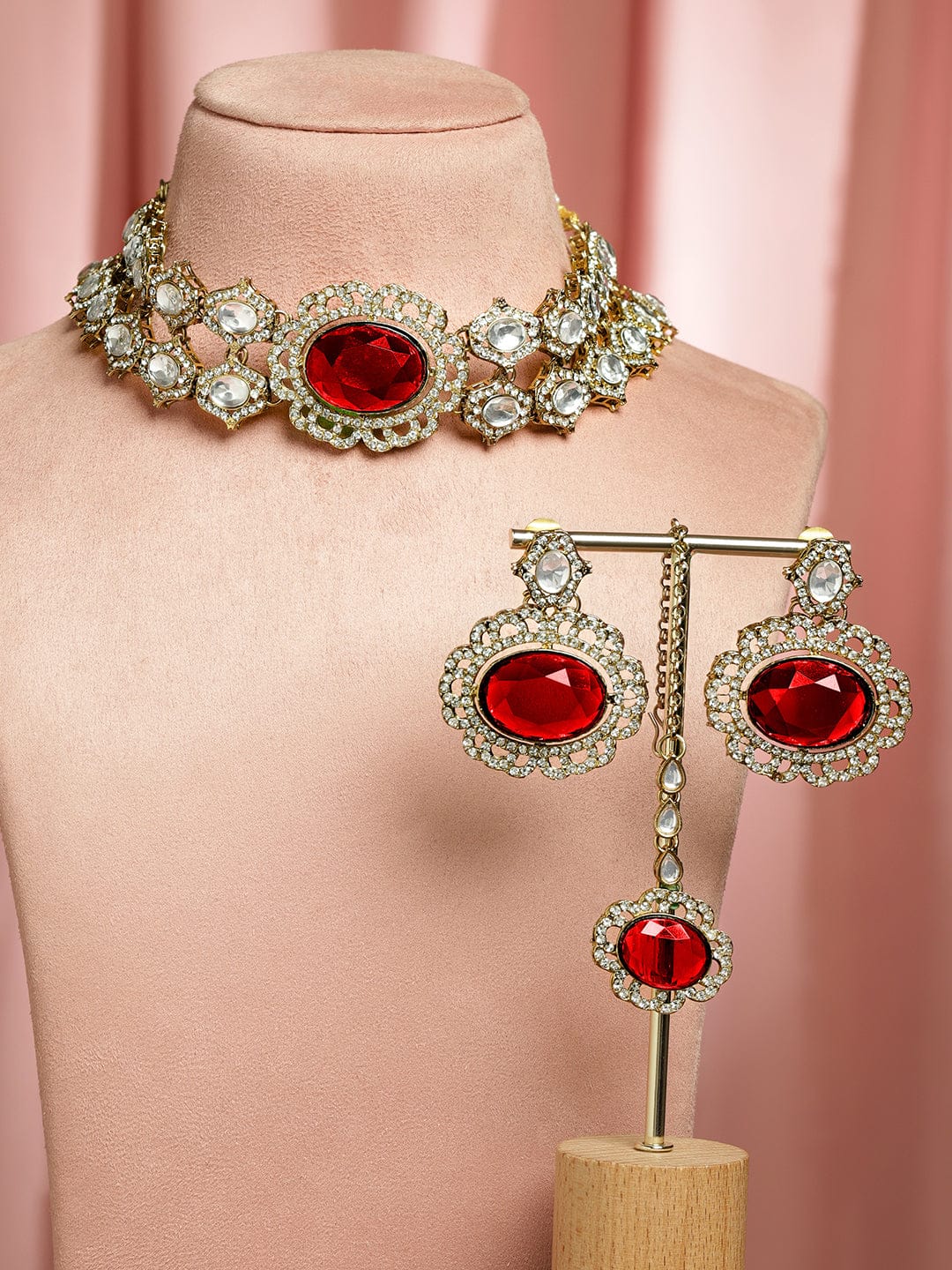 Rubans 22K Gold-Plated Ruby Red Stone, White Kundan & Cubic Zirconia Statement Choker Set Jewellery Set