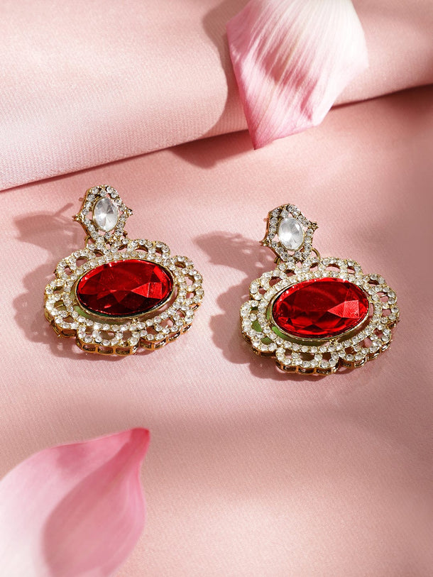 Rubans 22K Gold-Plated Ruby Red Stone, White Kundan & Cubic Zirconia Statement Choker Set Jewellery Set