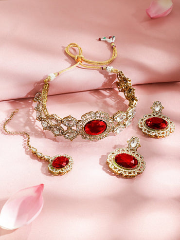 Rubans 22K Gold-Plated Ruby Red Stone, White Kundan & Cubic Zirconia Statement Choker Set Jewellery Set