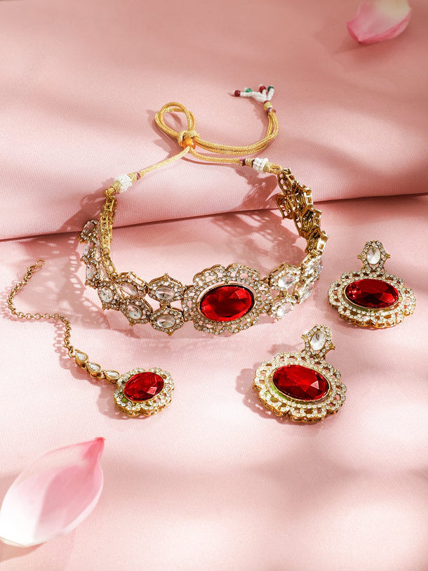 Rubans 22K Gold-Plated Ruby Red Stone, White Kundan & Cubic Zirconia Statement Choker Set Jewellery Set