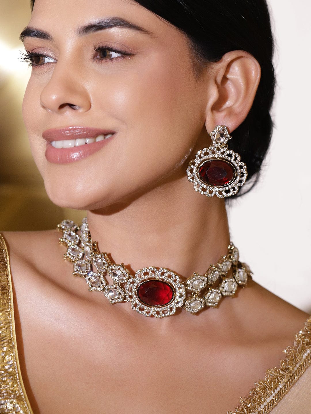 Rubans 22K Gold-Plated Ruby Red Stone, White Kundan & Cubic Zirconia Statement Choker Set Jewellery Set