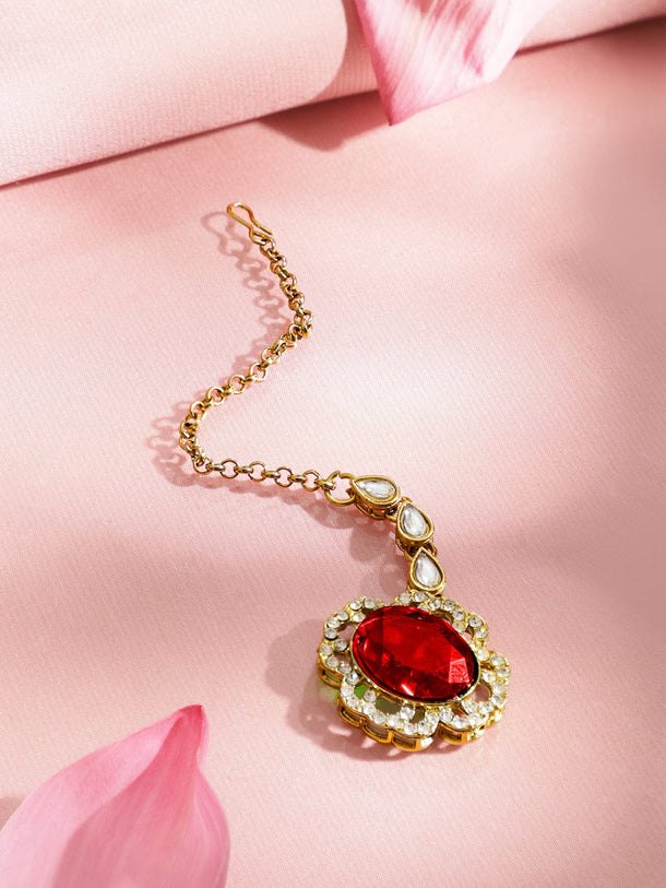 Rubans 22K Gold-Plated Ruby Red Stone, White Kundan & Cubic Zirconia Statement Choker Set Jewellery Set