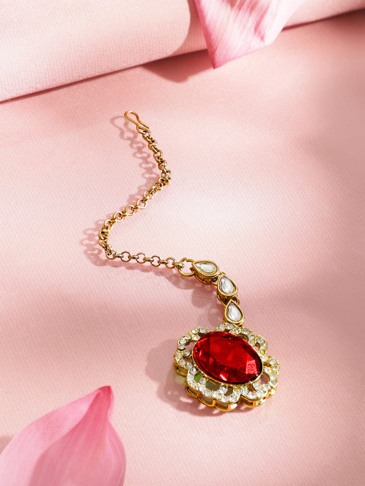 Rubans 22K Gold-Plated Ruby Red Stone, White Kundan & Cubic Zirconia Statement Choker Set Jewellery Set