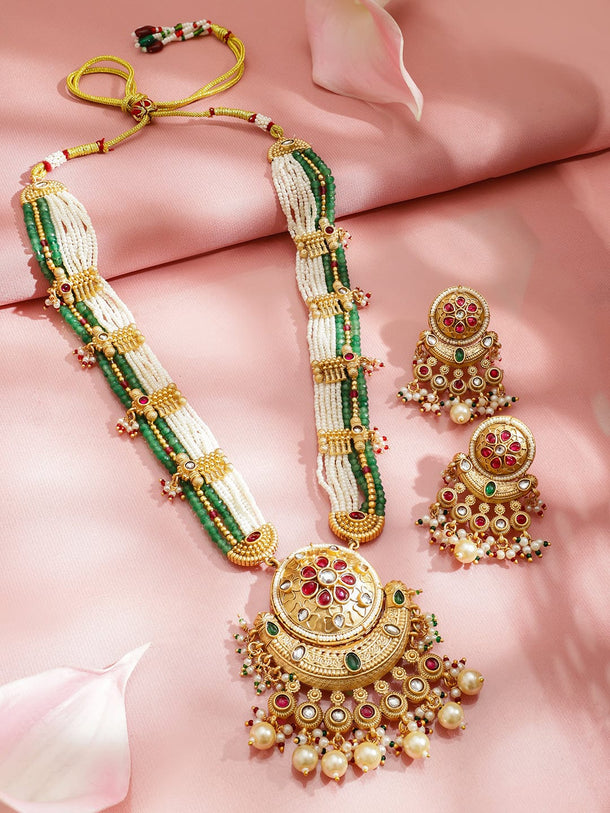 Rubans 22K Gold-Plated Ruby Red Stone with Emerald Green Beads & Pearl Detailing Multistrand Long Necklace Set Jewellery Set