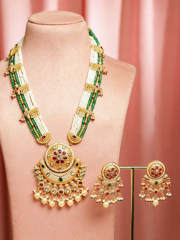 Rubans 22K Gold-Plated Ruby Red Stone with Emerald Green Beads & Pearl Detailing Multistrand Long Necklace Set Jewellery Set