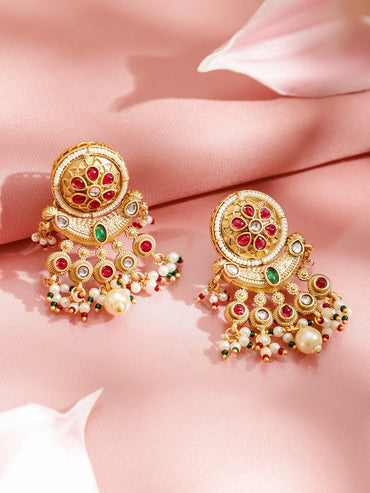 Rubans 22K Gold-Plated Ruby Red Stone with Emerald Green Beads & Pearl Detailing Multistrand Long Necklace Set Jewellery Set