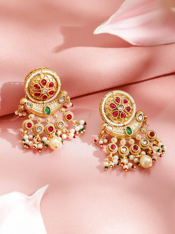 Rubans 22K Gold-Plated Ruby Red Stone with Emerald Green Beads & Pearl Detailing Multistrand Long Necklace Set Jewellery Set