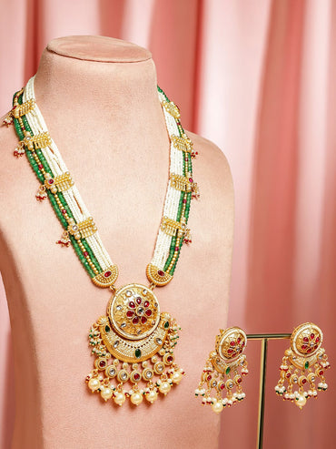 Rubans 22K Gold-Plated Ruby Red Stone with Emerald Green Beads & Pearl Detailing Multistrand Long Necklace Set Jewellery Set