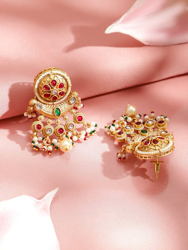 Rubans 22K Gold-Plated Ruby Red Stone with Emerald Green Beads & Pearl Detailing Multistrand Long Necklace Set Jewellery Set