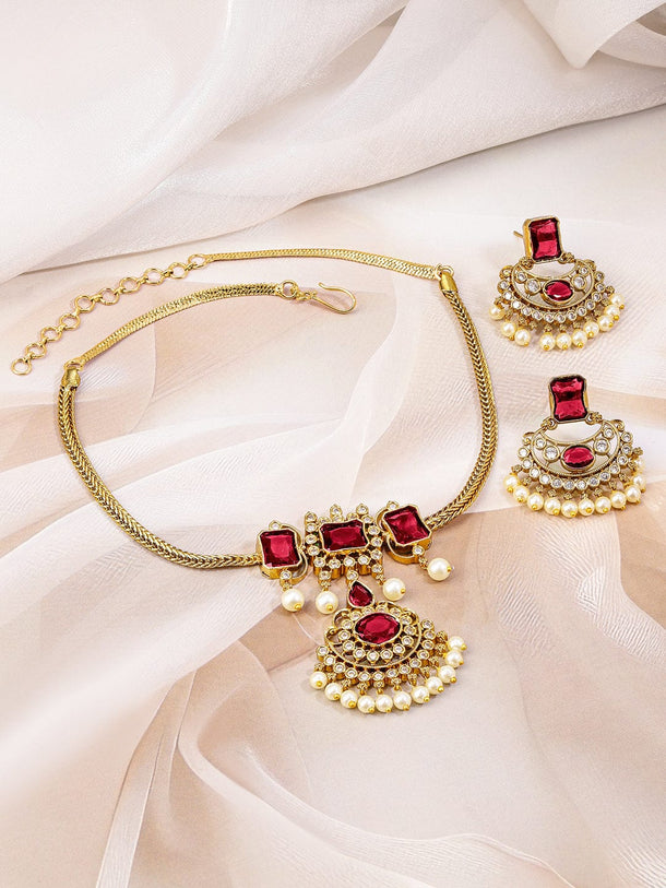 Rubans 22K Gold-Plated Ruby Red & White Cubic Zirconia Studded & Pearl Beaded Handcrafted Necklace Set for Women Jewellery Set