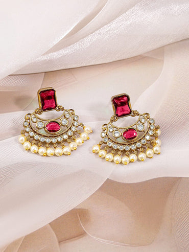 Rubans 22K Gold-Plated Ruby Red & White Cubic Zirconia Studded & Pearl Beaded Handcrafted Necklace Set for Women Jewellery Set