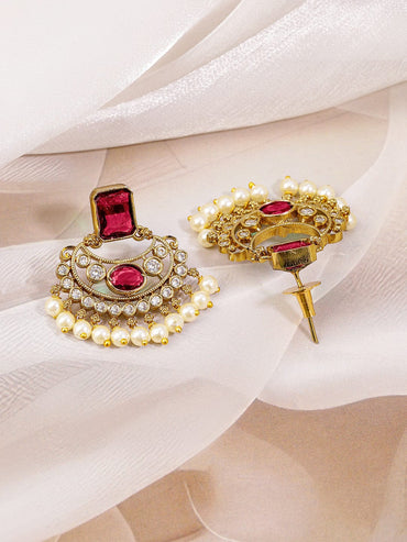 Rubans 22K Gold-Plated Ruby Red & White Cubic Zirconia Studded & Pearl Beaded Handcrafted Necklace Set for Women Jewellery Set