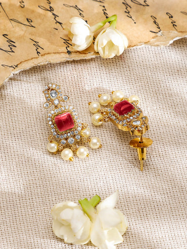 Rubans 22K Gold-Plated Ruby Red & White CubicZirconia Studed Jewellery Set with Pearl Drop Jewellery Set