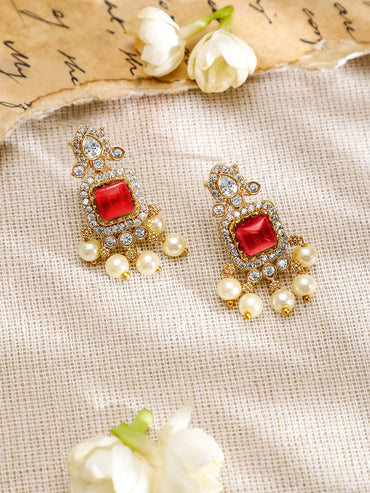 Rubans 22K Gold-Plated Ruby Red & White CubicZirconia Studed Jewellery Set with Pearl Drop Jewellery Set
