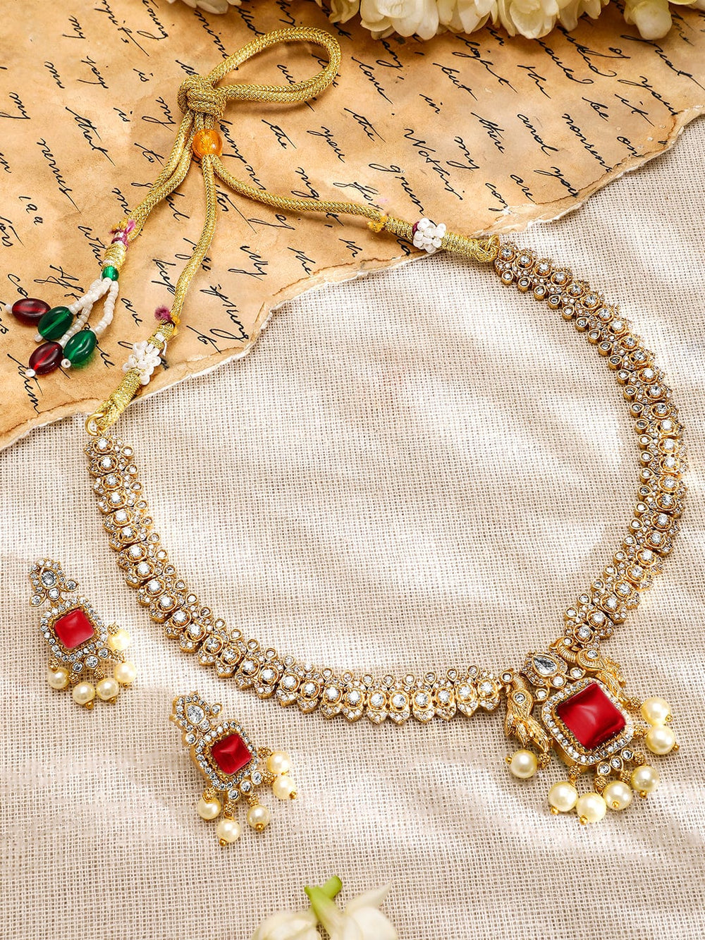 Rubans 22K Gold-Plated Ruby Red & White CubicZirconia Studed Jewellery Set with Pearl Drop Necklace Set