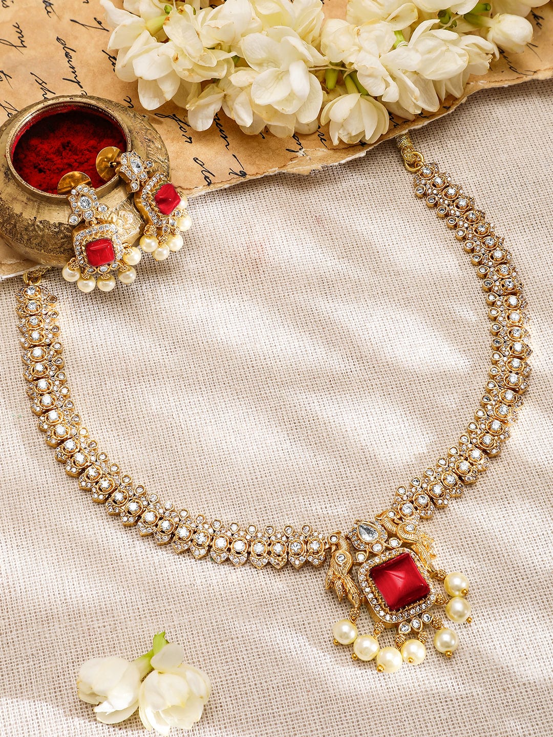 Rubans 22K Gold-Plated Ruby Red & White CubicZirconia Studed Jewellery Set with Pearl Drop Necklace Set