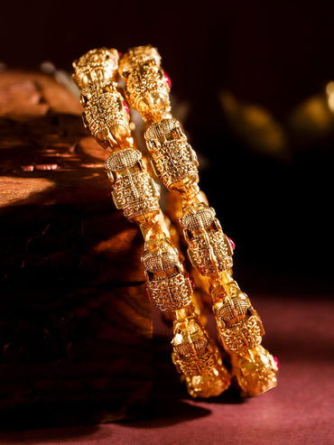 Rubans 22K Gold-Plated Ruby Red & White Stone Studded Elephant Motif Handcrafted Bangles Bangles & Bracelet