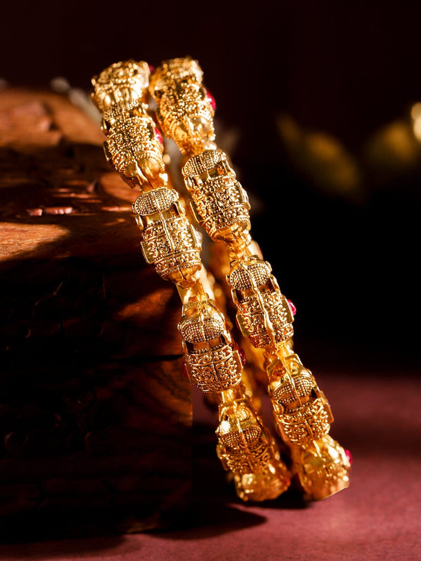Rubans 22K Gold-Plated Ruby Red & White Stone Studded Elephant Motif Handcrafted Bangles Bangles & Bracelet