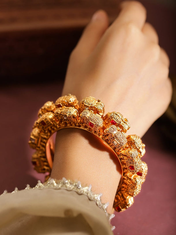 Rubans 22K Gold-Plated Ruby Red & White Stone Studded Elephant Motif Handcrafted Bangles Bangles & Bracelet