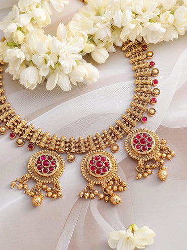 Rubans 22K Gold-Plated Ruby Stone & Golden Beads Handcrafted Necklace Set with Floral Medallions Jewellery Set