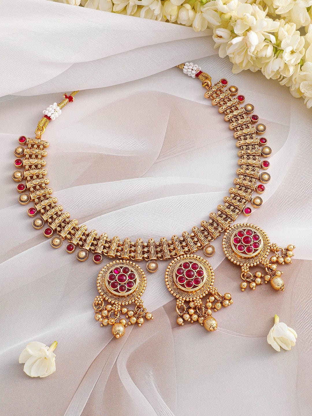 Rubans 22K Gold-Plated Ruby Stone & Golden Beads Handcrafted Necklace Set with Floral Medallions Jewellery Set
