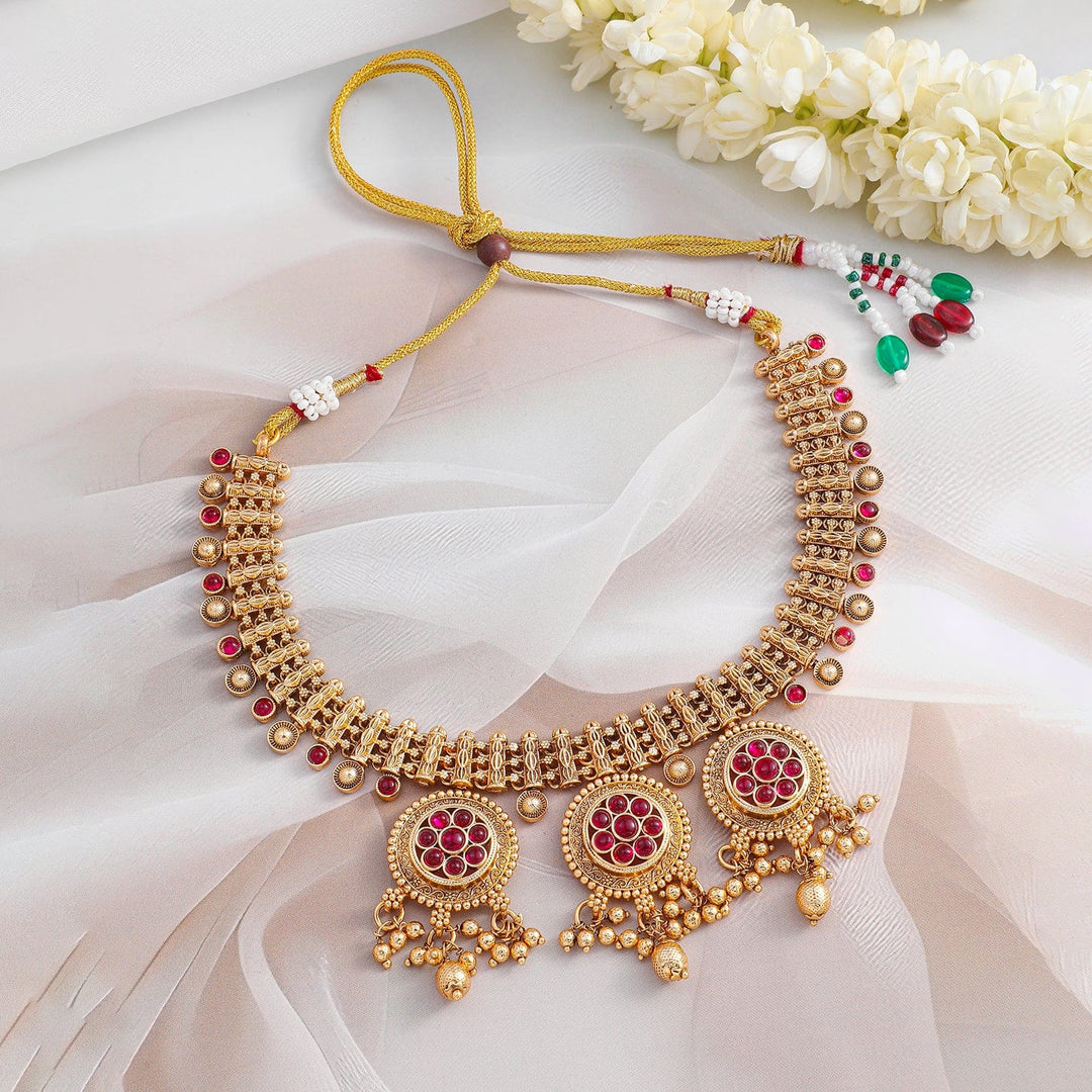 Rubans 22K Gold-Plated Ruby Stone & Golden Beads Handcrafted Necklace Set with Floral Medallions Necklaces ,Necklace Chain