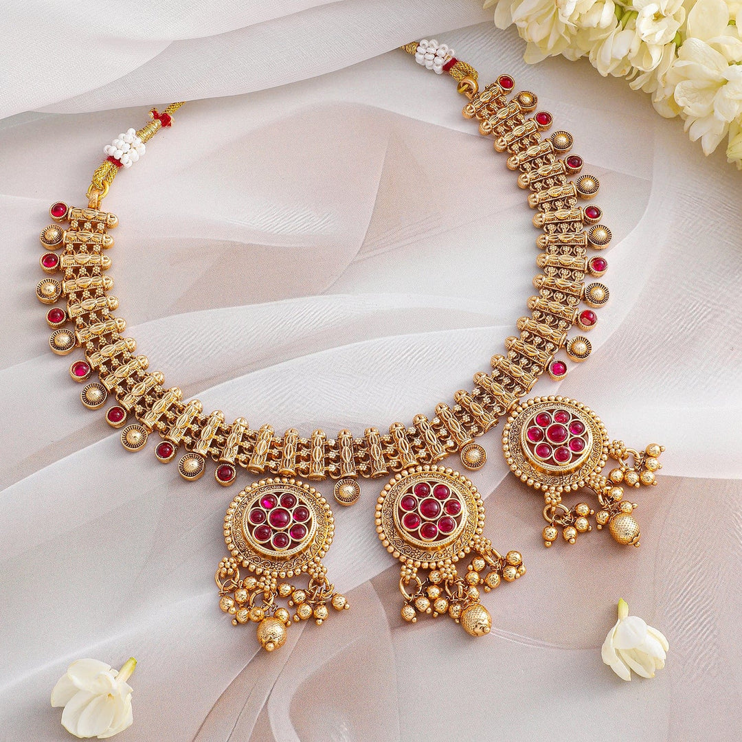 Rubans 22K Gold-Plated Ruby Stone & Golden Beads Handcrafted Necklace Set with Floral Medallions Necklaces ,Necklace Chain