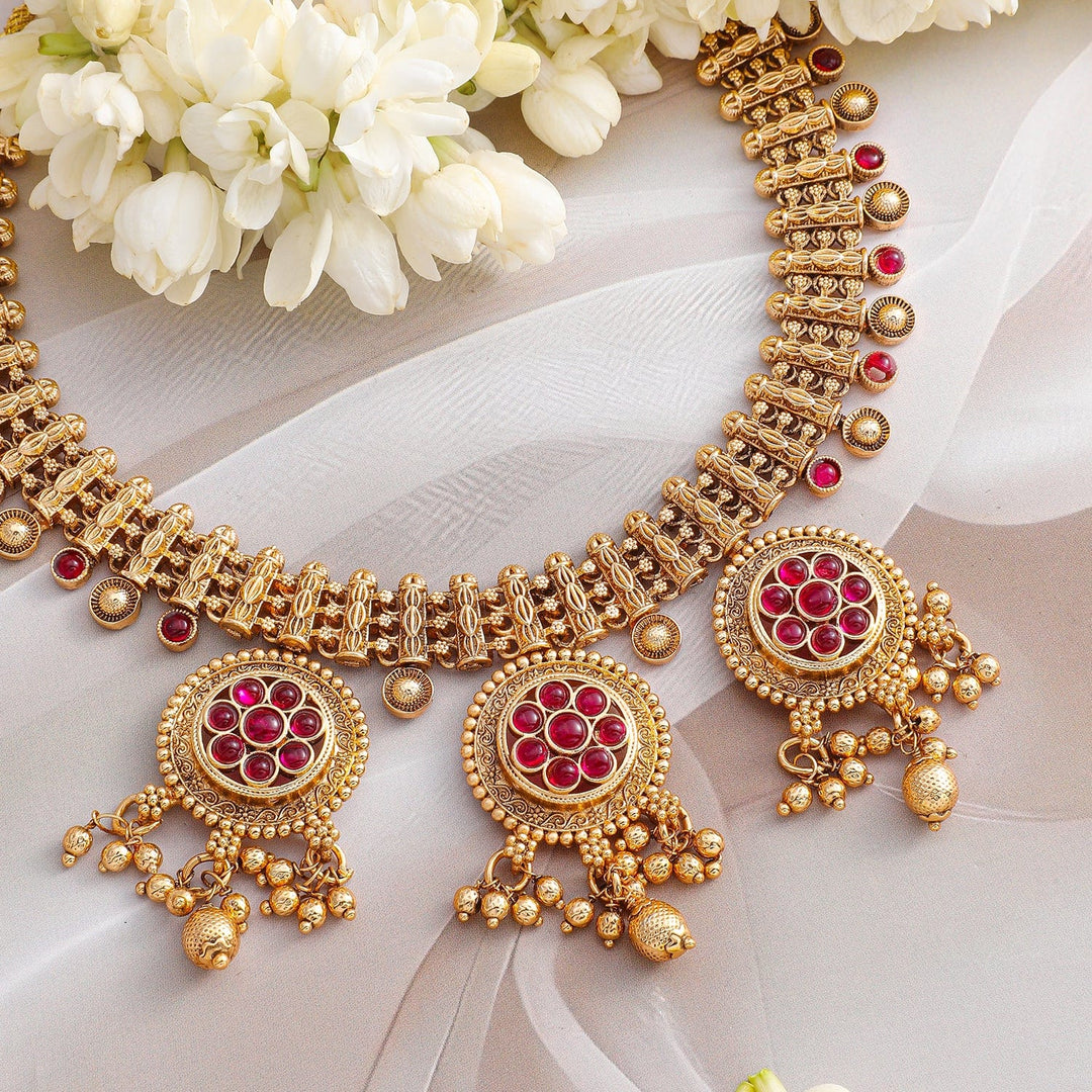 Rubans 22K Gold-Plated Ruby Stone & Golden Beads Handcrafted Necklace Set with Floral Medallions Necklaces ,Necklace Chain