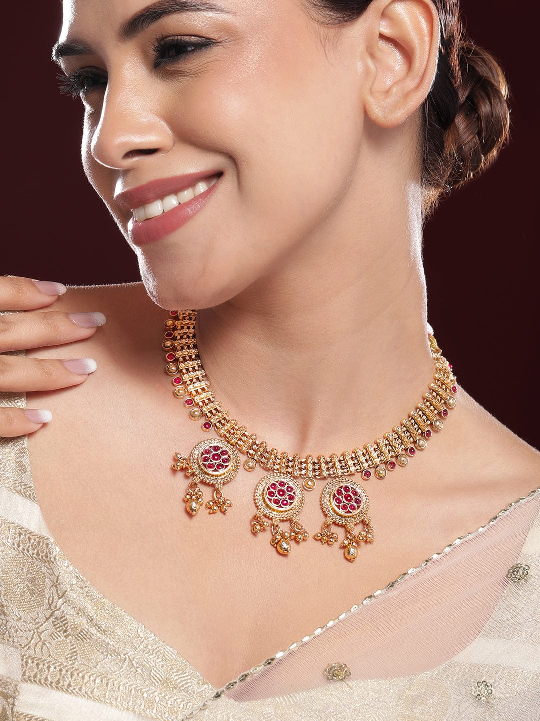 Rubans 22K Gold-Plated Ruby Stone & Golden Beads Handcrafted Necklace Set with Floral Medallions Necklaces ,Necklace Chain