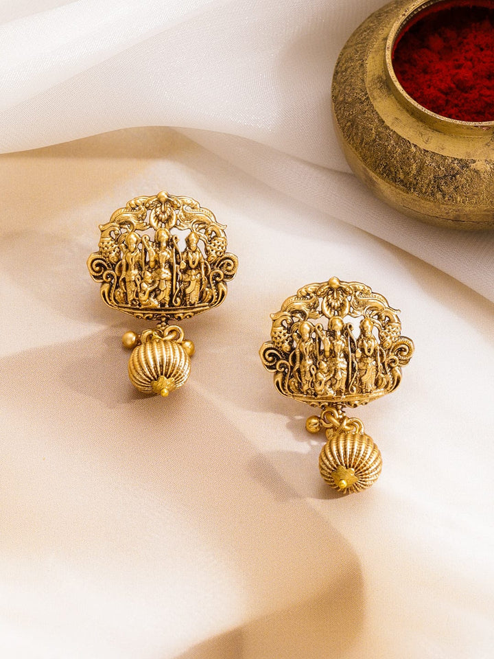 Rubans 22K Gold-Plated Ruby Studded God & Peacock Motifs Golden Beaded Temple Necklace Set Jewellery Set